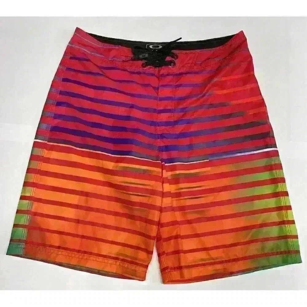 Oakley Board Shorts Men Size 32‎ Rainbow Stripe Performance Swim Trunks EUC